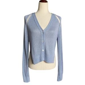 Theory Hanelee Linen Viscose Cropped Knit Cardigan Womens P Blue Minimalist Chic